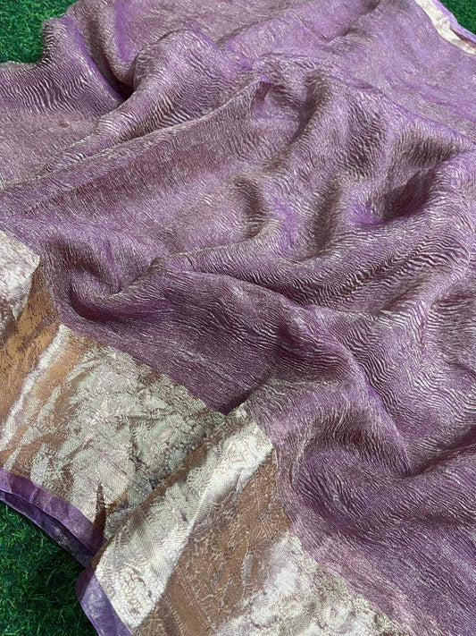 Lavender Banarsi Pure Kora Tissue Crush Saree