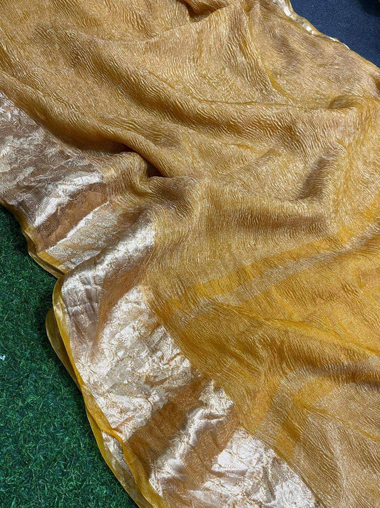 Yellow Banarsi Pure Kora Tissue Crush Saree