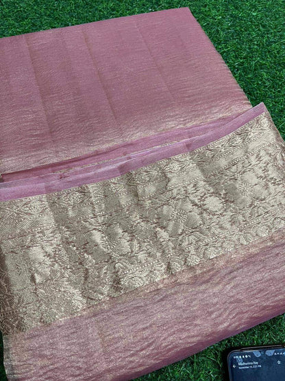 Pink Banarsi Pure Kora Tissue Crush Saree