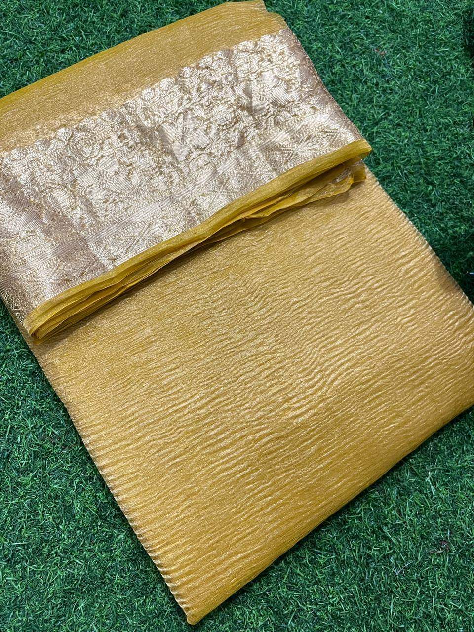 Yellow Banarsi Pure Kora Tissue Crush Saree