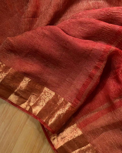 Red Banarsi Pure Kora Tissue Crush Saree