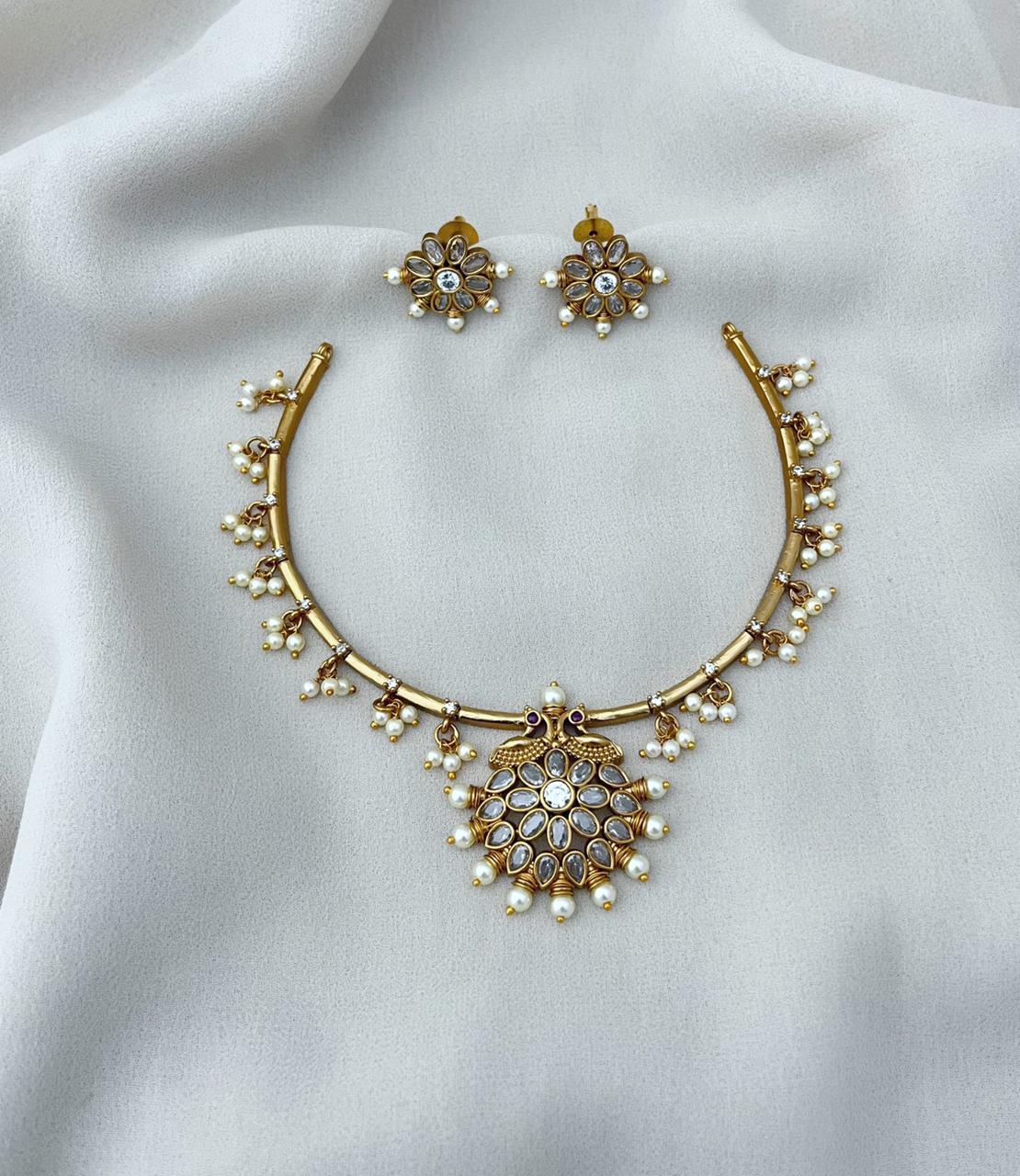 Gold Polished Brass Metal with Pearl and Semi Precious Stones Jewellery Set