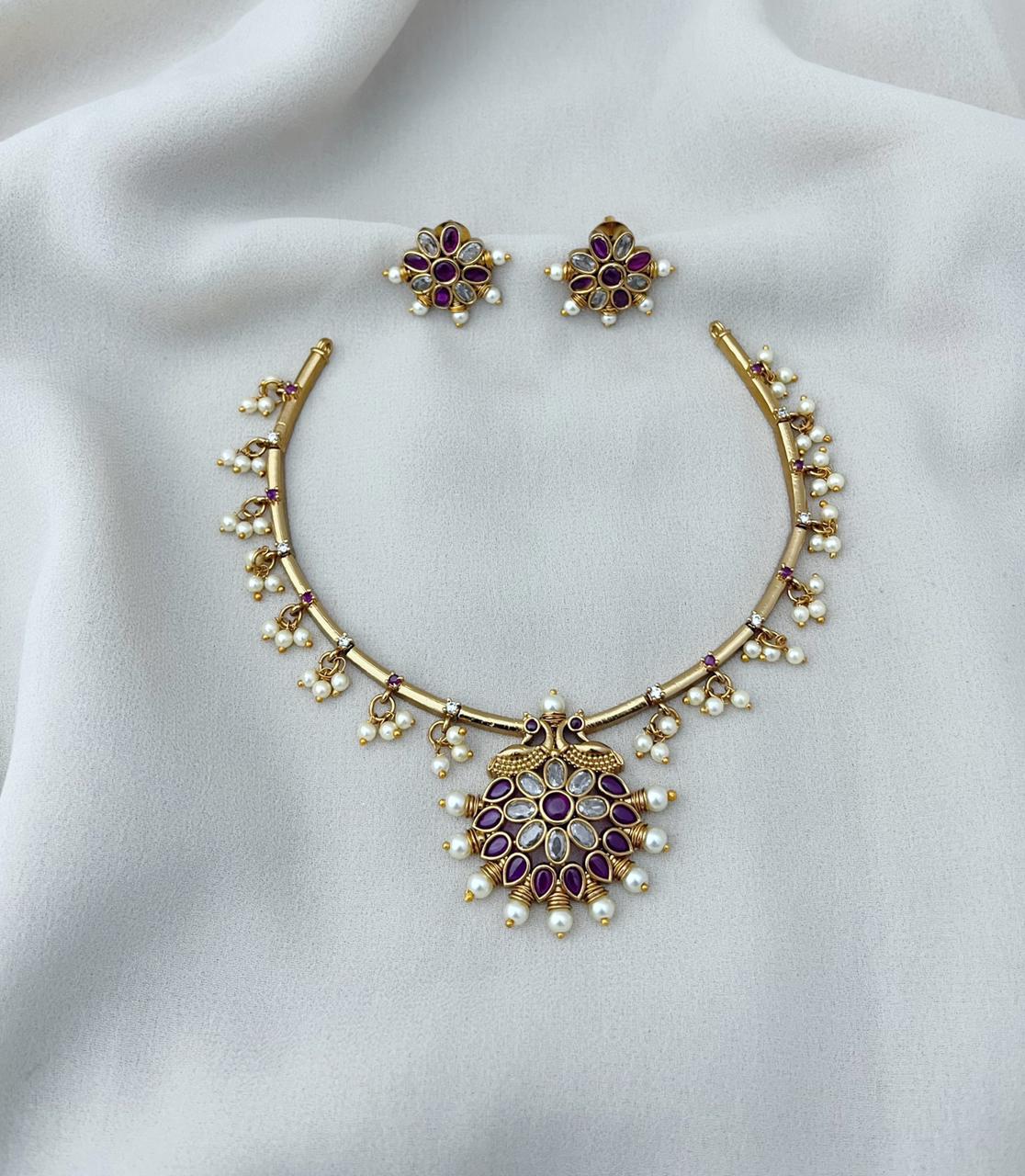 Gold Polished Brass Metal with Pearl and Semi Precious Stones Jewellery Set