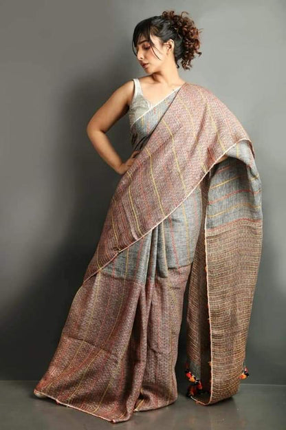 Linen Kantha Hand Weaved Saree