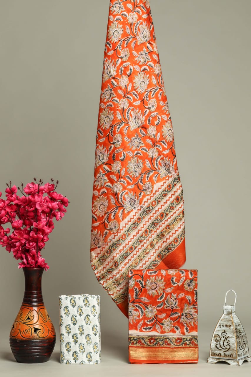 Hand Block Printed Maheshwari Silk Unstitched Suit Set