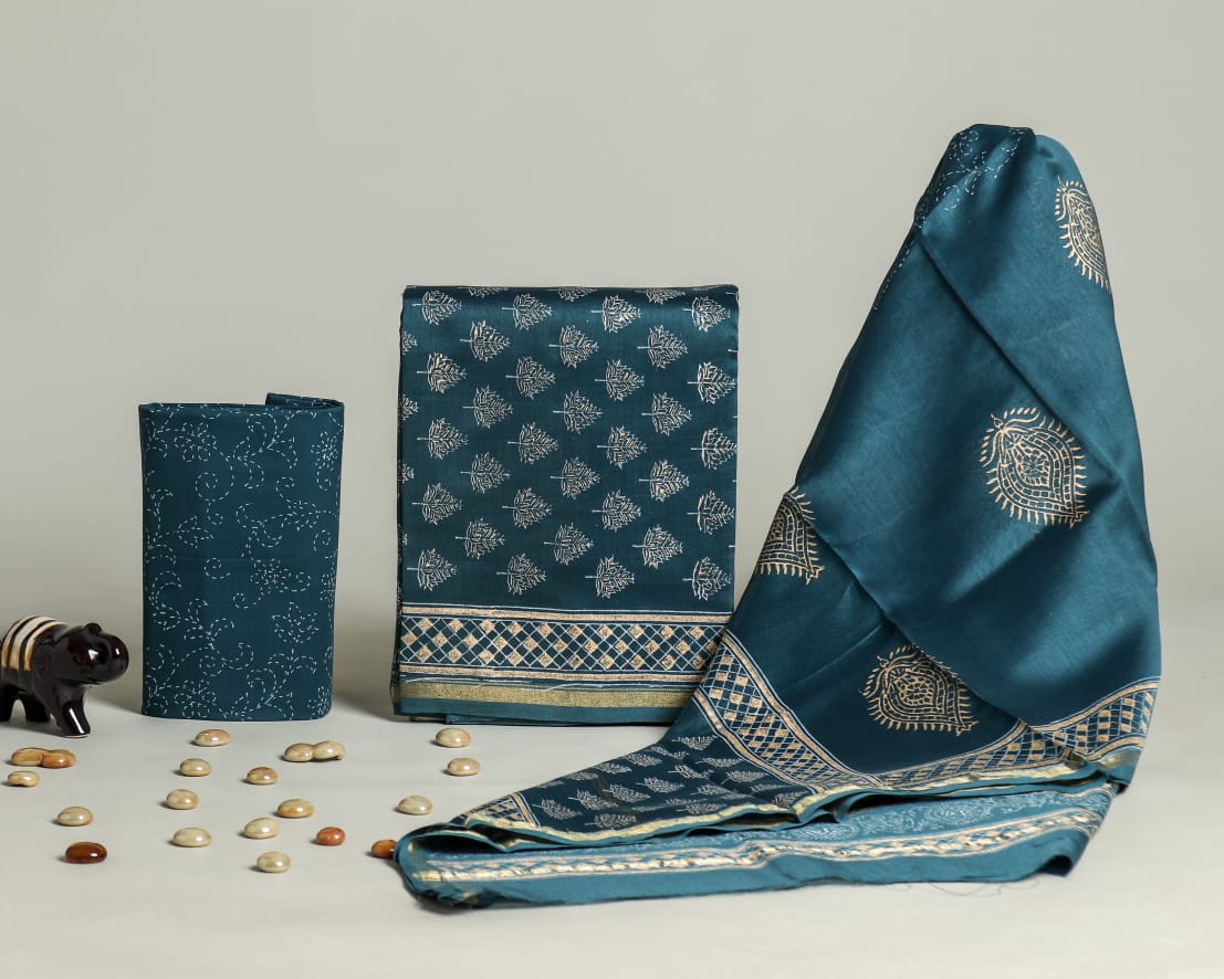 Hand Block Printed Chanderi Silk Unstitched Suit Set