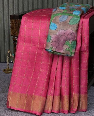 Pure Tussar Sarees With Hand Painted Kalamkari. Blouse.