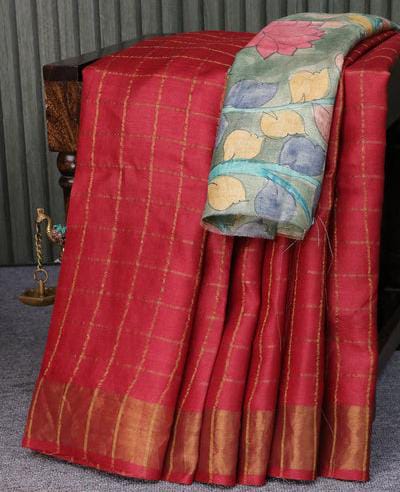 Pure Tussar Sarees With Hand Painted Kalamkari. Blouse.