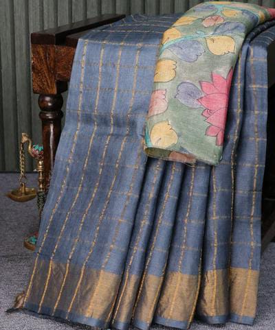 Pure Tussar Sarees With Hand Painted Kalamkari. Blouse.