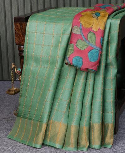 Pure Tussar Sarees With Hand Painted Kalamkari. Blouse.