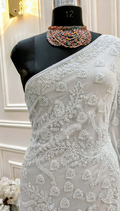 Light Gray Hand Chikankari Pure Viscose Georgette Saree