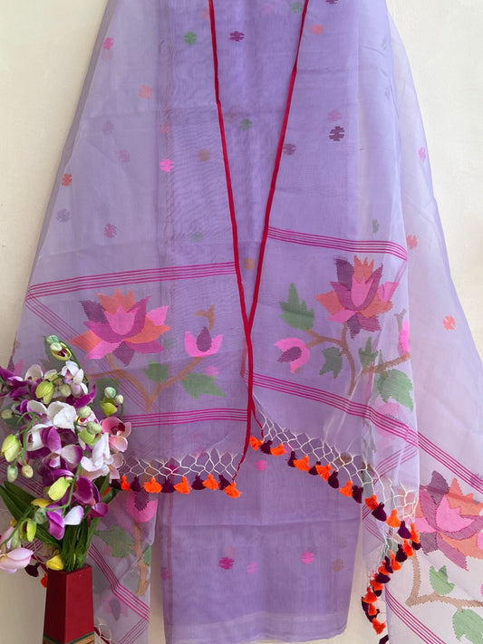 Handwoven Muslin Jamdani Suit With Jal Net Tassel Dupatta