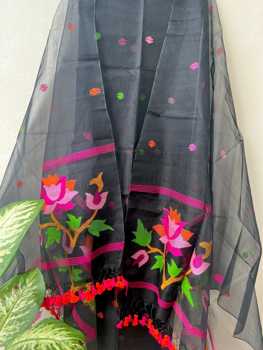 Handwoven Muslin Jamdani Suit With Jal Net Tassel Dupatta