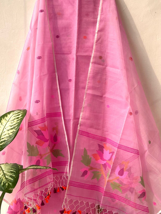 Handwoven Muslin Jamdani Suit With Jal Net Tassel Dupatta