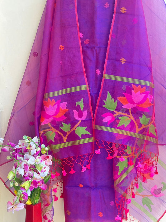 Handwoven Muslin Jamdani Suit With Jal Net Tassel Dupatta