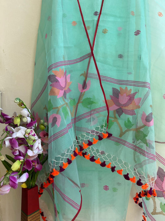 Handwoven Muslin Jamdani Suit With Jal Net Tassel Dupatta