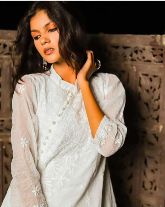 Cotton Kota Doria Chikankari Buttoned Angrakha Kurti