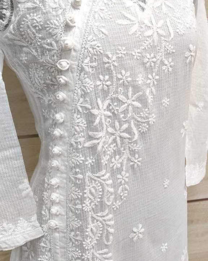 Cotton Kota Doria Chikankari Buttoned Angrakha Kurti