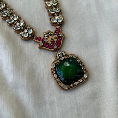 Handmade Terracotta Jewellery Necklace Set with White Kundan Stones