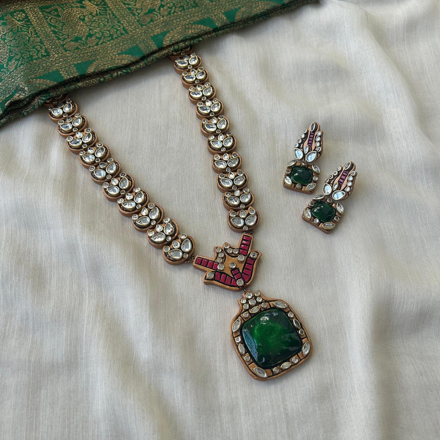 Handmade Terracotta Jewellery Necklace Set with White Kundan Stones