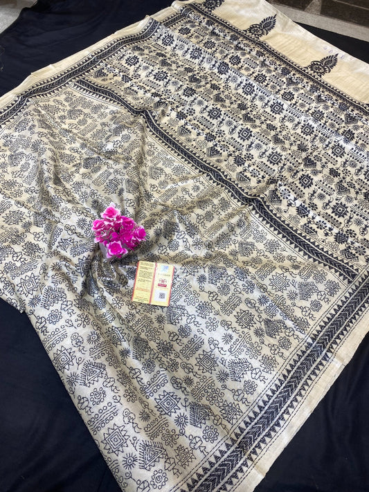 Pure Tussar Silk Katha Saree with Marwahi Work