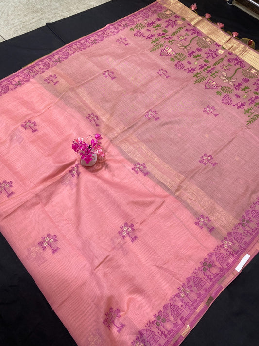 Semi Tussar Silk Saree with Zari Border & Resham Weaving