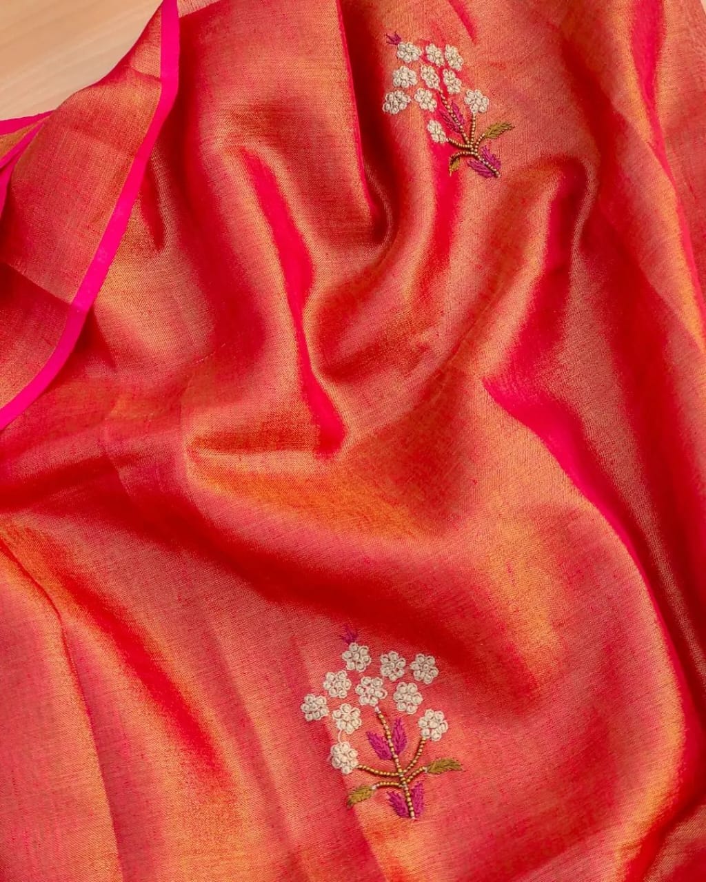 Vermillion Red Soft Tissue Linen Blend Saree with Hand Embroidery