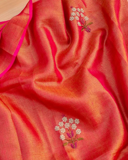 Vermillion Red Soft Tissue Linen Blend Saree with Hand Embroidery
