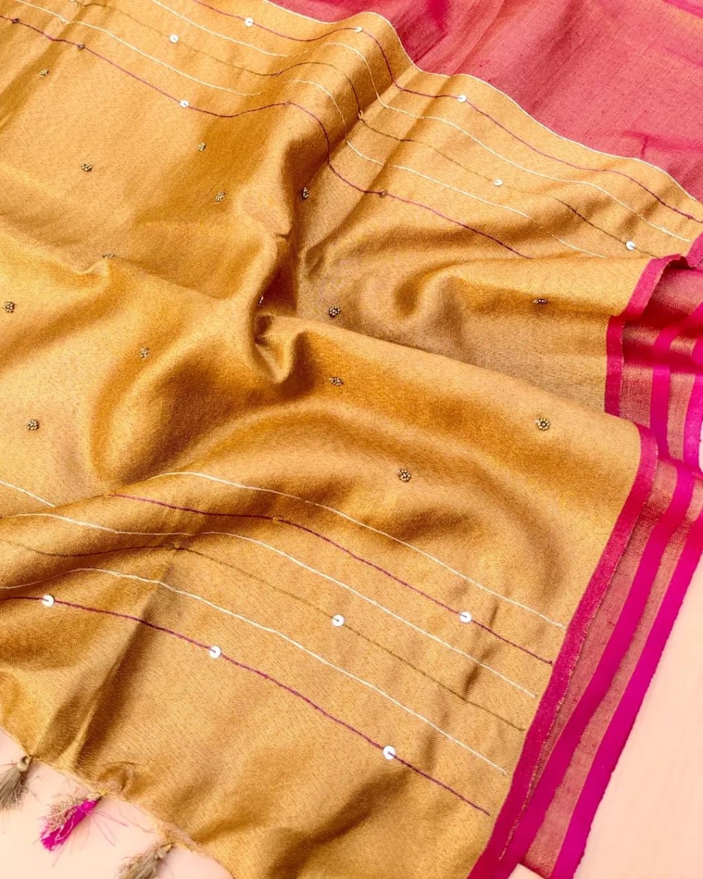 Vermillion Red Soft Tissue Linen Blend Saree with Hand Embroidery
