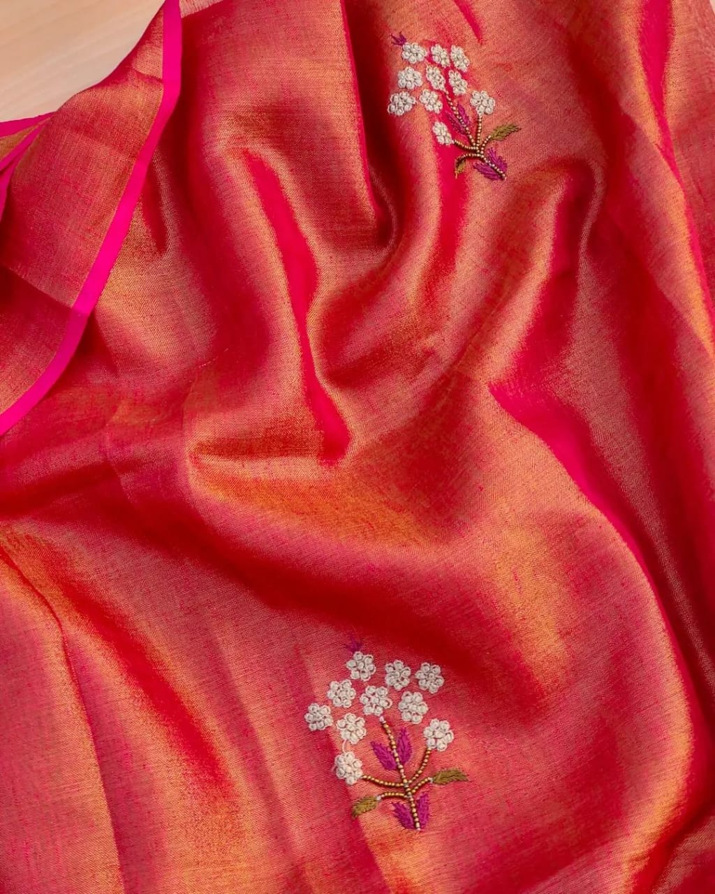 Vermillion Red Soft Tissue Linen Blend Saree with Hand Embroidery