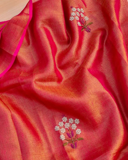 Vermillion Red Soft Tissue Linen Blend Saree with Hand Embroidery
