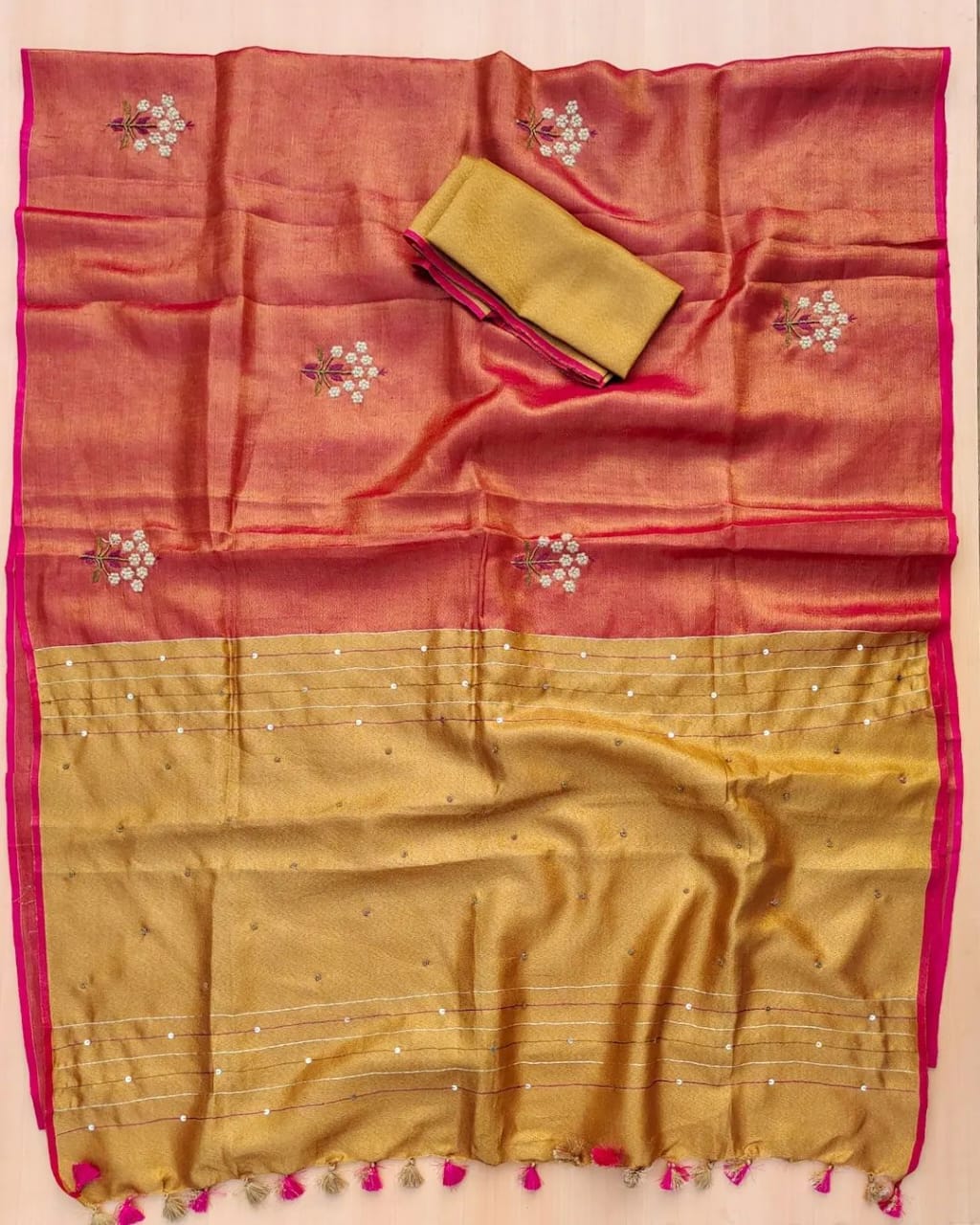 Vermillion Red Soft Tissue Linen Blend Saree with Hand Embroidery