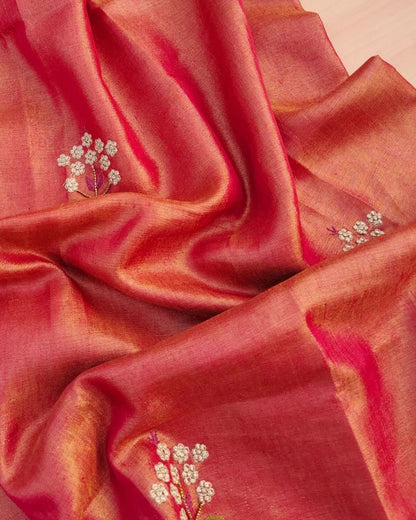 Vermillion Red Soft Tissue Linen Blend Saree with Hand Embroidery