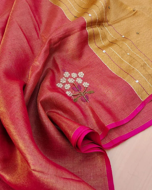 Vermillion Red Soft Tissue Linen Blend Saree with Hand Embroidery