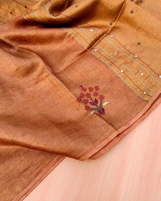 Dusky Orange Soft Tissue Linen Blend Saree with Hand Embroidery