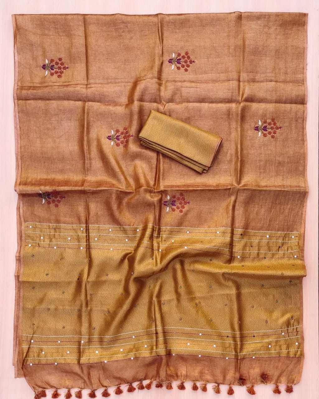 Dusky Orange Soft Tissue Linen Blend Saree with Hand Embroidery