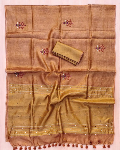 Dusky Orange Soft Tissue Linen Blend Saree with Hand Embroidery