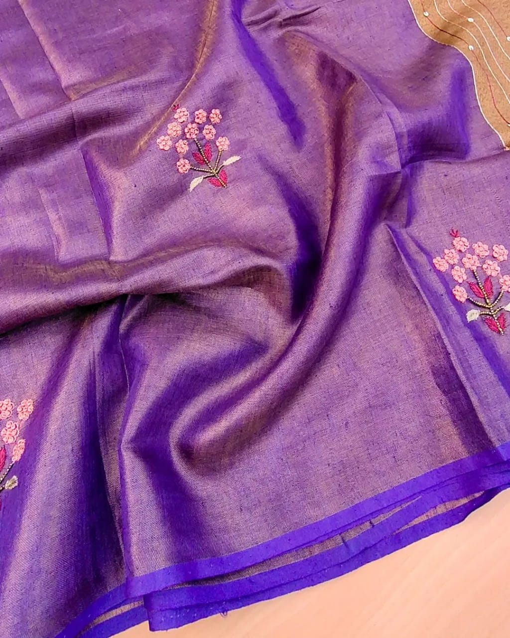 Purple Soft Tissue Linen Blend Saree with Hand Embroidery