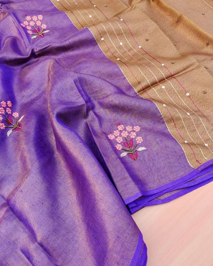 Purple Soft Tissue Linen Blend Saree with Hand Embroidery