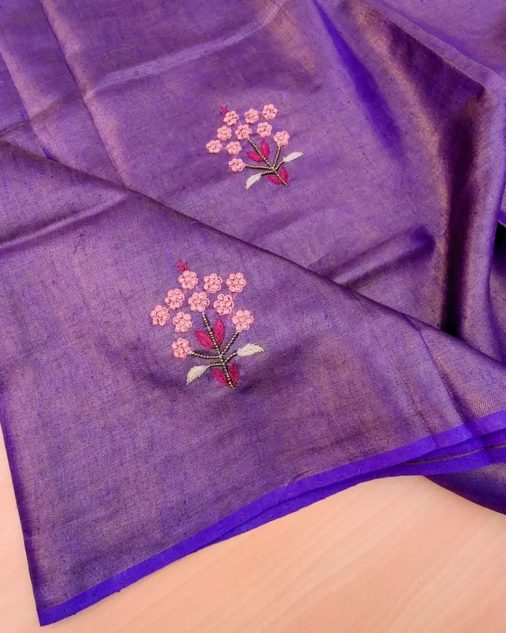 Purple Soft Tissue Linen Blend Saree with Hand Embroidery