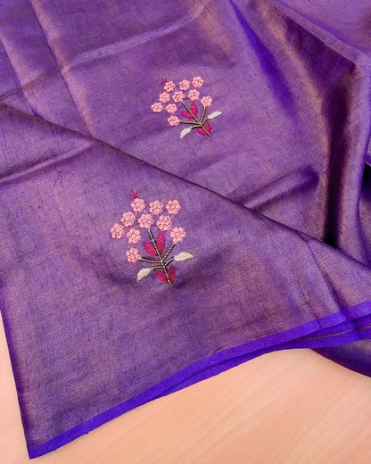 Purple Soft Tissue Linen Blend Saree with Hand Embroidery