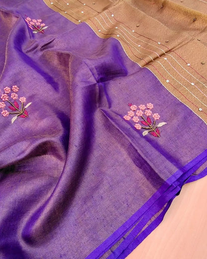 Purple Soft Tissue Linen Blend Saree with Hand Embroidery