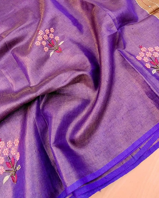 Purple Soft Tissue Linen Blend Saree with Hand Embroidery