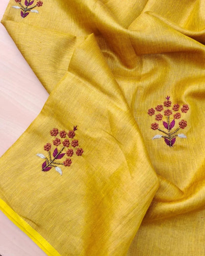 Yellow Soft Tissue Linen Blend Saree with Hand Embroidery