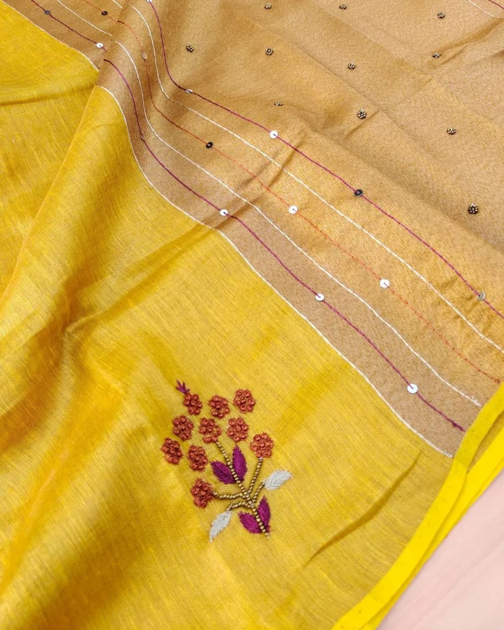 Yellow Soft Tissue Linen Blend Saree with Hand Embroidery
