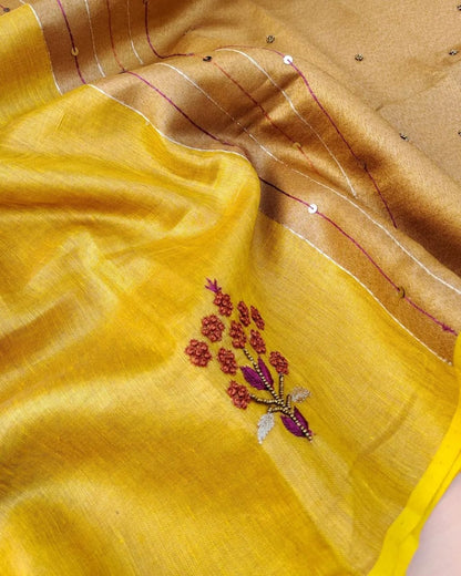 Yellow Soft Tissue Linen Blend Saree with Hand Embroidery