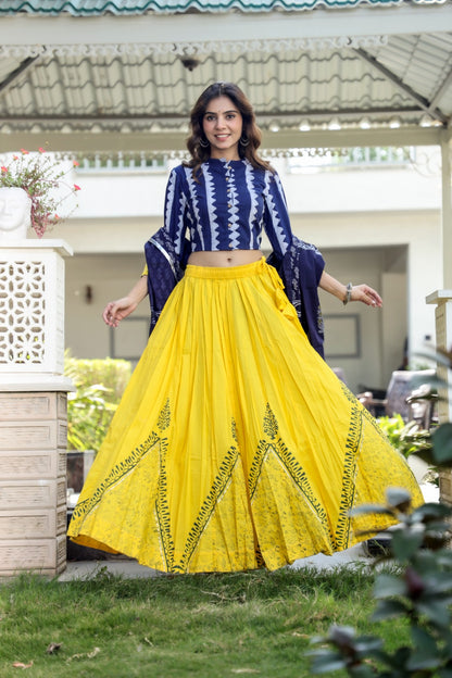 Cotton Bagru Print  Top and Skirt with Mulmul Dupatta