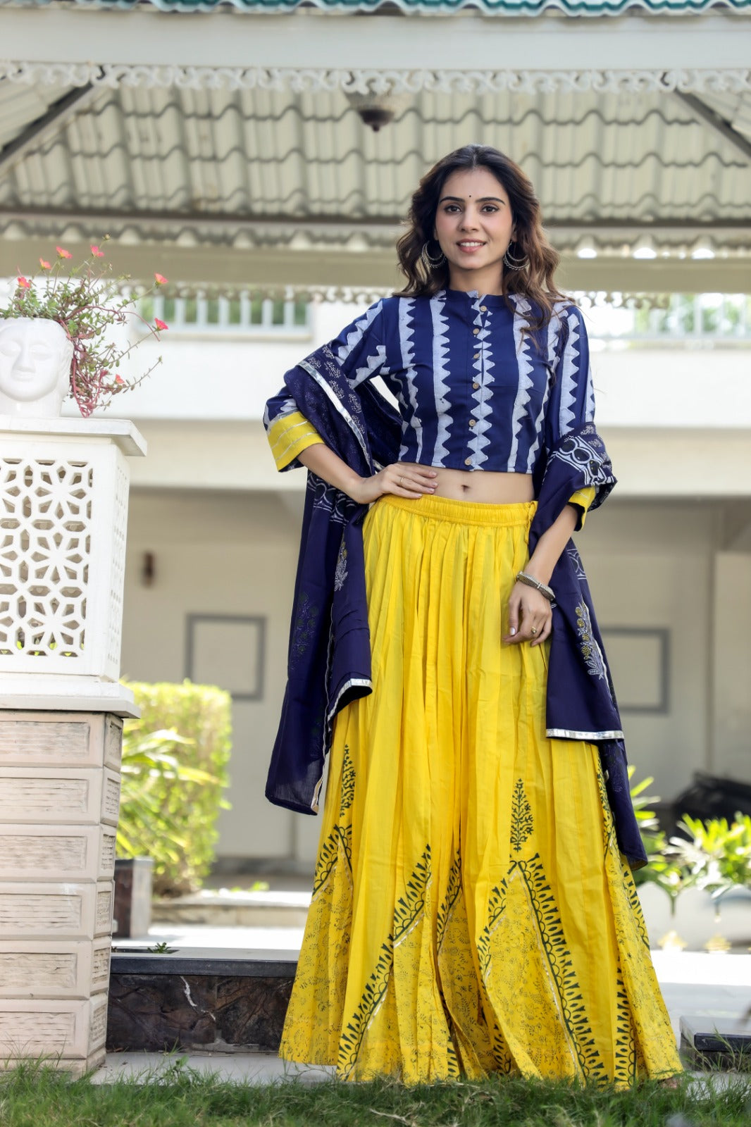 Cotton Bagru Print  Top and Skirt with Mulmul Dupatta