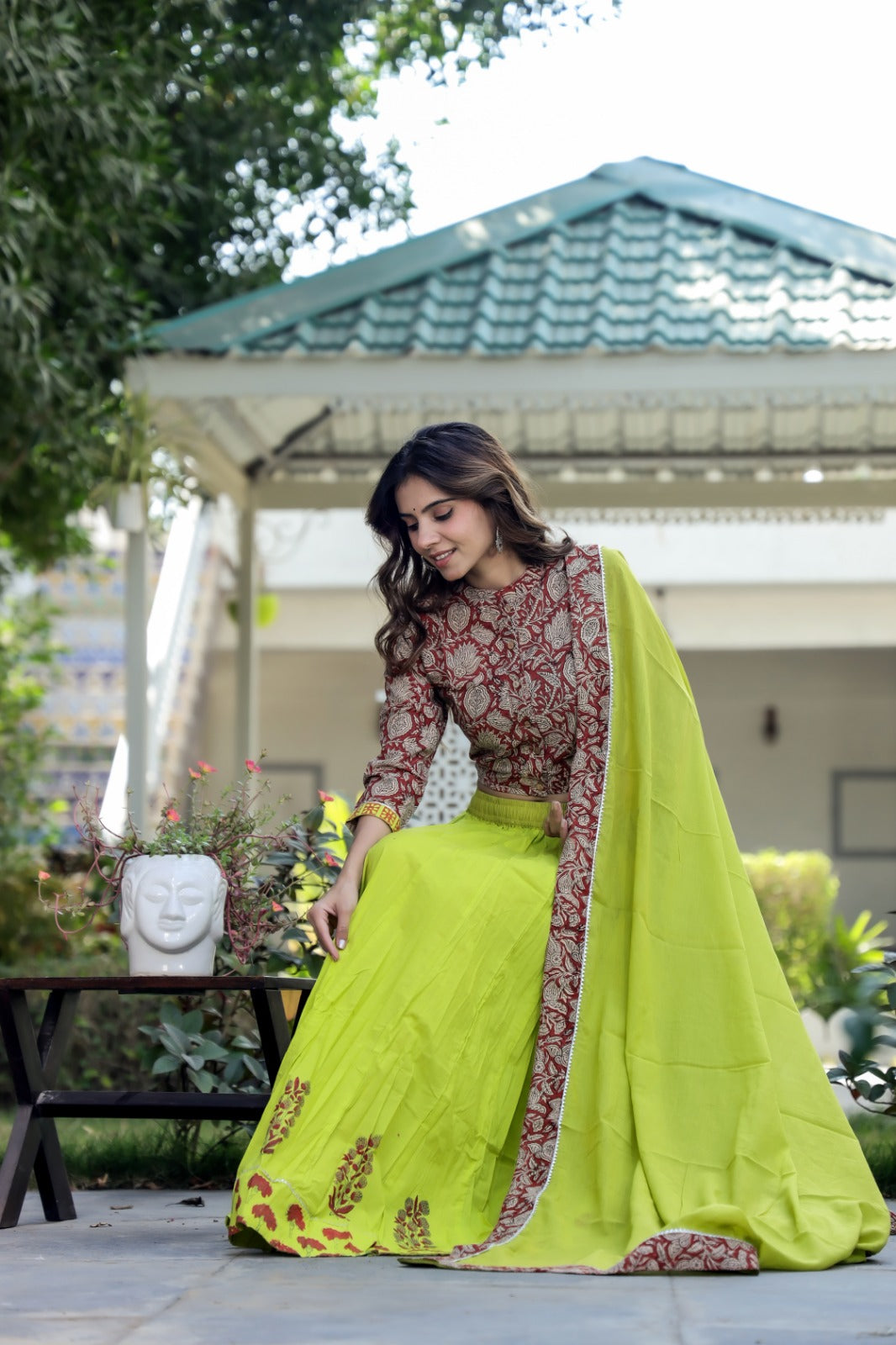 Cotton Bagru Print  Top and Skirt with Mulmul Dupatta