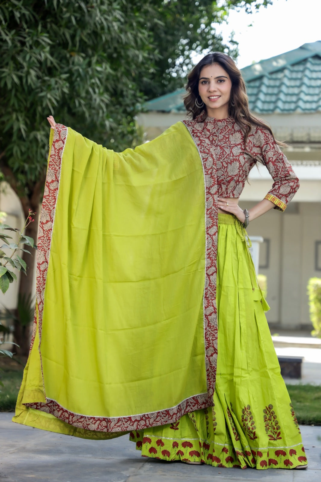 Cotton Bagru Print  Top and Skirt with Mulmul Dupatta